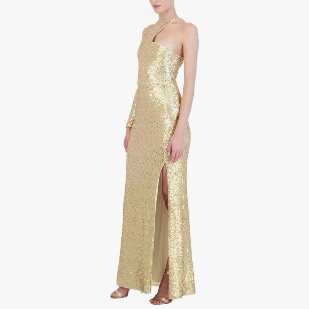 BCBGMAXAZRIA Women's Fit and Flare Floor Length Sequin Evening Gown Gold Sz.L - Picture 4 of 16